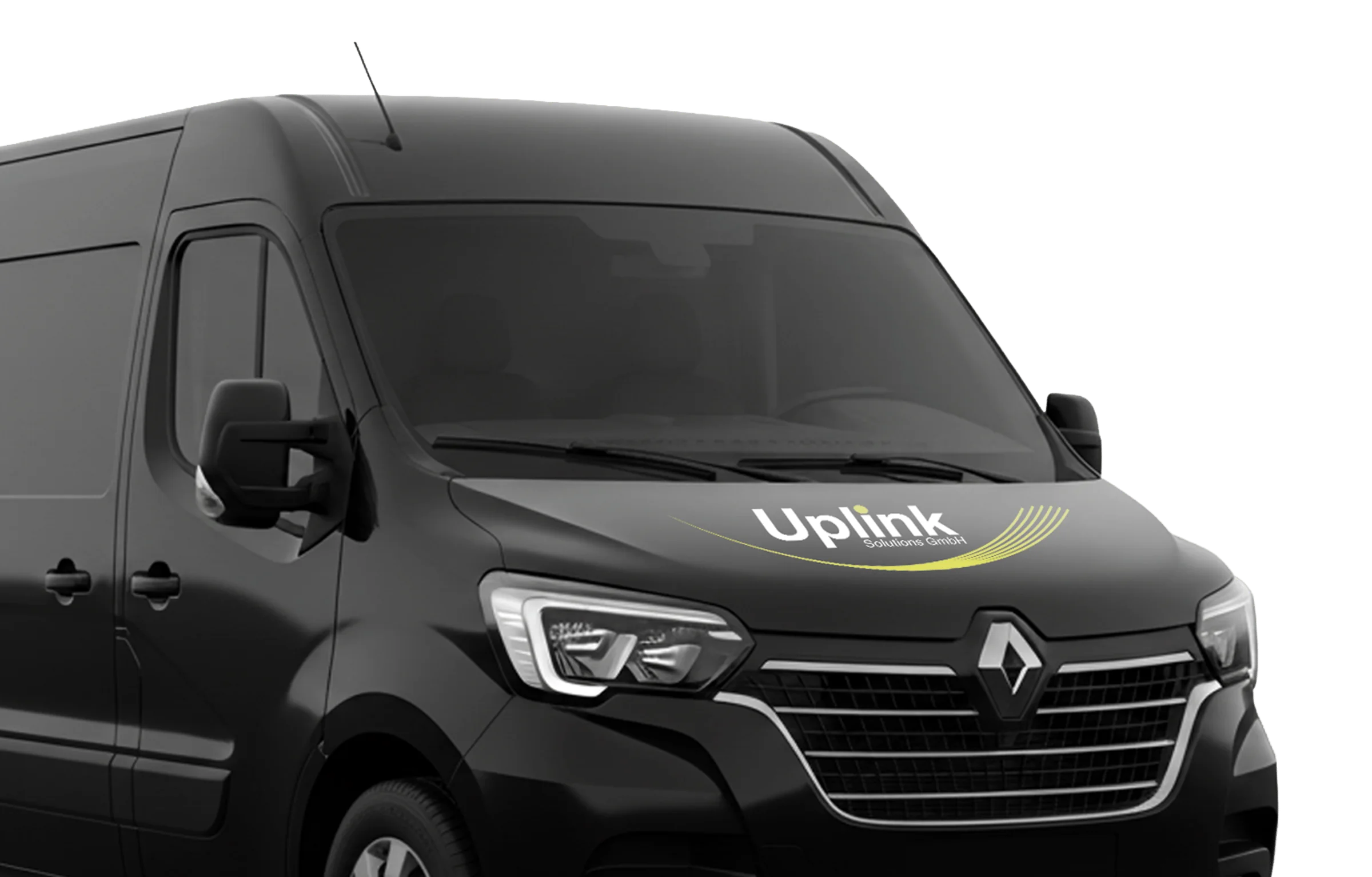 Schwarzer Renault-Kastenwagen mit Uplink-Logo auf der Motorhaube